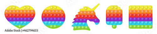 Set of various shape popit as a trendy rainbow fidget toys. Addictive anti-stress toy in bright colors. Bubble sensory developing popit for kids. Vector illustration isolated on a white background.