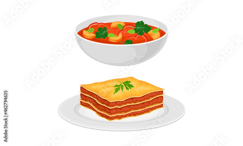 Italian traditional food set. Lasagna and minestrone tasty dishes vector illustration