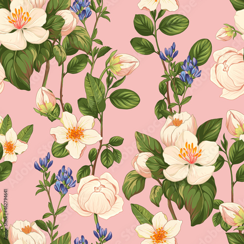 Botanical seamless pattern: rose, berry and wildflowers