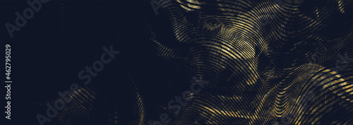 Vector artistic abstract background with swirling halftone smoke effect. Overlapping golden dots and graphic lines on black background.