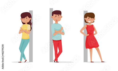 Cheerful people leaned against the wall set. Relaxed young man and woman cartoon vector illustration