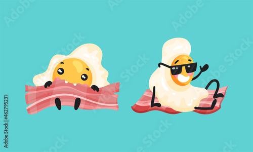 Ham and fried egg breakfast haracters set vector illustration