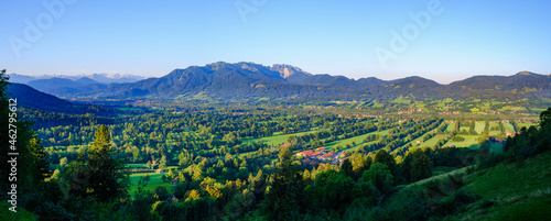 Panoramic shot of Sonntraten with mountains in background at Isarwinkel, Upper Bavaria, Bavaria, Germany