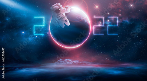 Fototapeta Naklejka Na Ścianę i Meble -  Space 2022. Futuristic space sci-fi abstract background with flying astronaut. Neon abstract space background with nebula and stars. Elements of this image furnished by NASA. 3D illustration. 