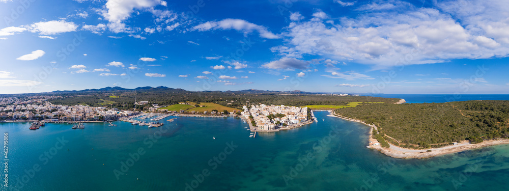 Spain, Balearic Islands, Portocolom, Drone vpanorama of coastal town in summer Spain, Balearic Islands, Portocolom, Drone vpanorama of coastal town in summer