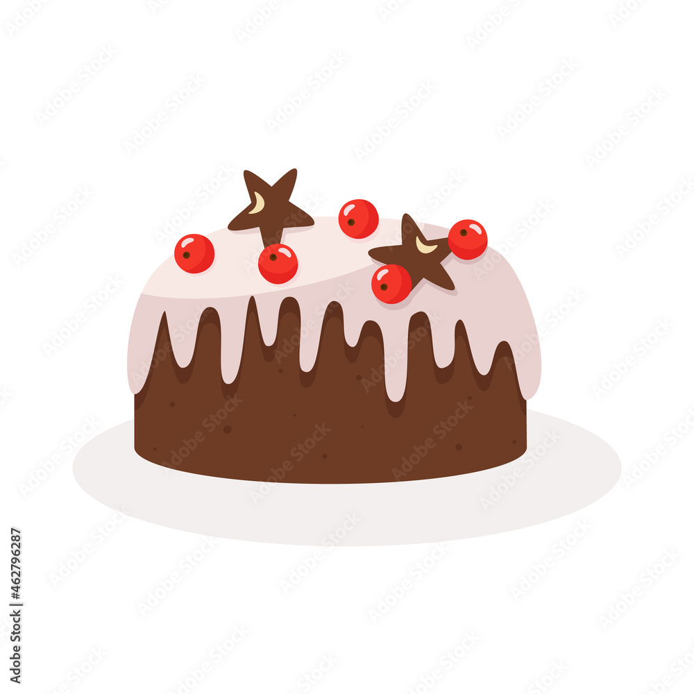 A festive cupcake decorated with red berries, icing and stars. Cute, cozy vector illustration. For a holiday card, banner, menu, coffee shop flyer. A festive cupcake decorated with red berries, icing and stars. Cute, cozy vector illustration. For a holiday card, banner, menu, coffee shop flyer.