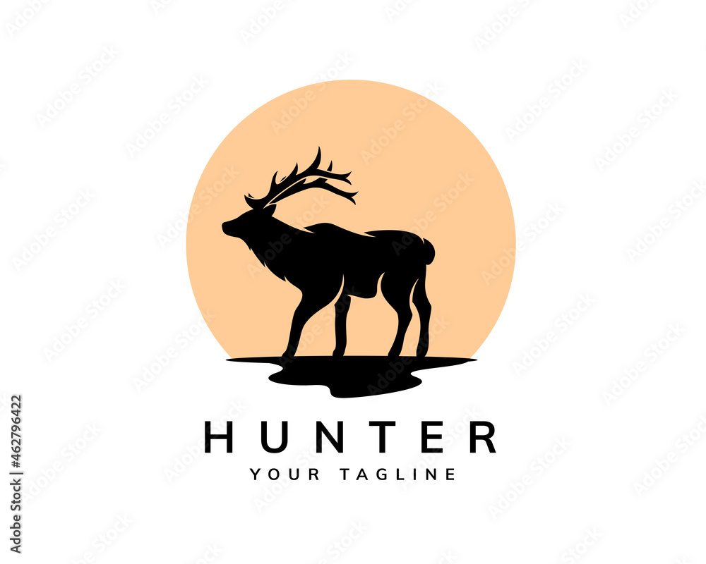 black silhouette stand deer elk sun background logo template illustration