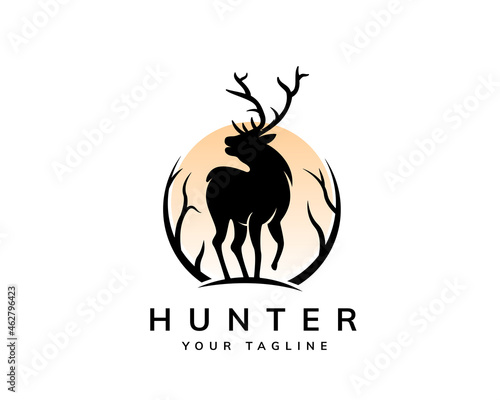 walking circle wild deer elk black silhouette vector logo template illustration