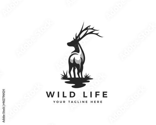 wild elk deer scare back view drawn art logo template illustration