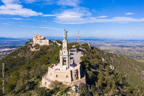 Spain, Balearic Islands, Felanitx, Drone view of Jesus Christ monument at Sanctuary of Sant Salvador photo