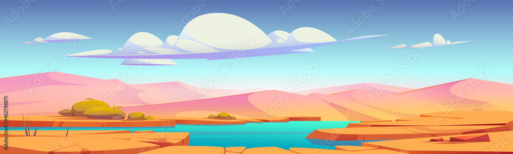 Desert landscape with oasis and sand dunes. Vector cartoon illustration of hot tropical desert with lake or river, dry cracked ground and green bushes. Pond with blue water in Sahara - obrazy, fototapety, plakaty 