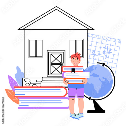 Home schooling and remote education online for children, flat cartoon vector illustration isolated on white background.