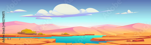 Desert landscape with oasis and sand dunes. Vector cartoon illustration of hot tropical desert with lake or river, dry cracked ground and green bushes. Pond with blue water in Sahara
