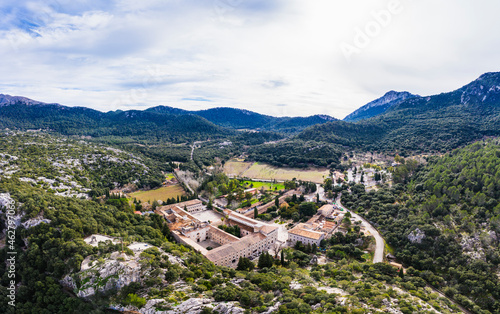 Spain, Balearic Islands, Escorca, Drone view of Santuari de Lluc monastery photo