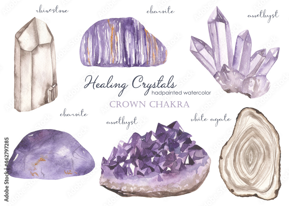 Watercolor set of crown chakra healing crystals amethyst, charoite, rhinestone, agate white - obrazy, fototapety, plakaty 