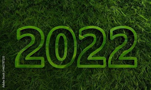 Green 2022 year number with 3d green grass