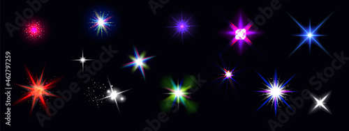 Color shine effects, flash lights with sparkles and glow rays isolated on black background. Vector realistic set of bright glare, white, red, blue and rainbow star flare with shiny beams and glitter