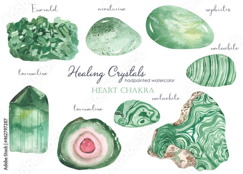 Watercolor set of healing crystals of heart chakra malachite, aventurine, emerald, tourmaline, jade photo