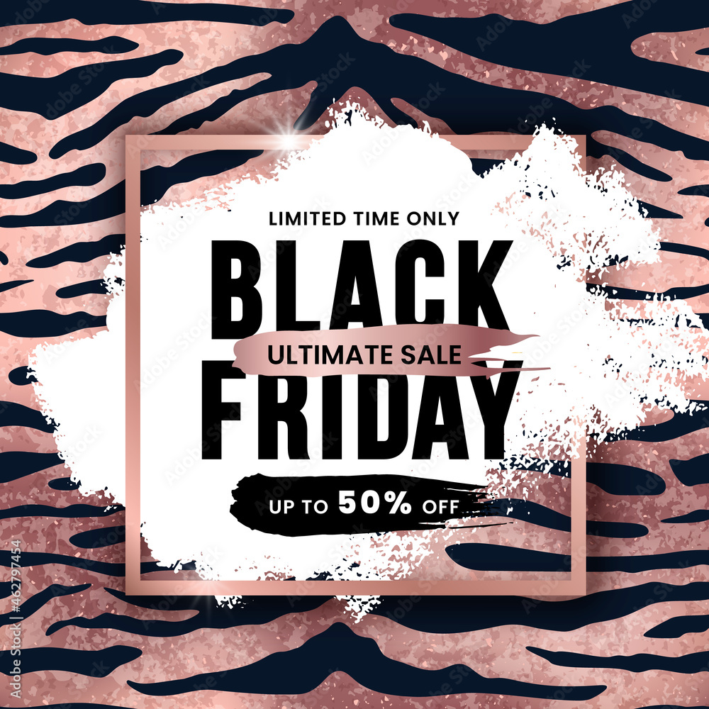 Naklejka premium Black friday sale banner design with white grunge brushstroke on rose gold glitter tiger skin striped texture background. Vector social media pink template for flyer, discount, web, promotion, advert