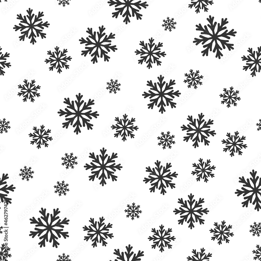 Vector Winter Snowflakes Seamless Pattern. Christmas hand drawn black snow print on white background. New year monochrome texture for print, wrapping paper, design, fabric, decor, gift, backgrounds