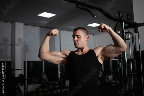 Portrait of an athlete, a sports man coach does an exercise on simulator in the gym. Healthy active lifestyle, shakes muscles. large muscular arms, biceps and triceps