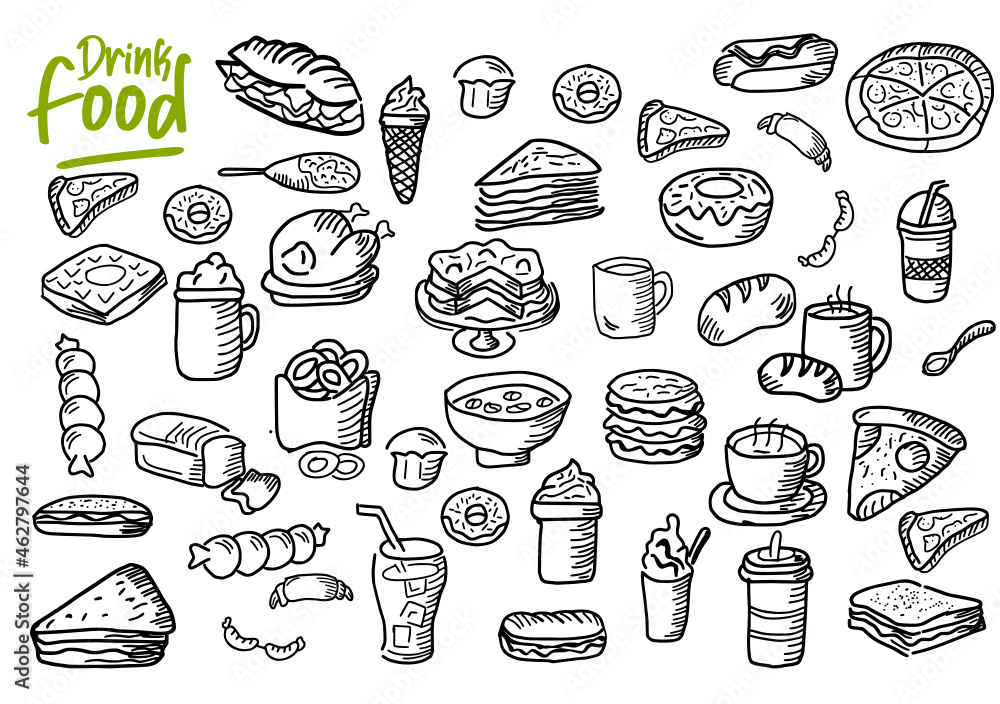 Collection of hand drawn fast food on white board, background. Fast food for menu design pizza, hot dog, fries, rolls, burger, shawarma. Vector illustration