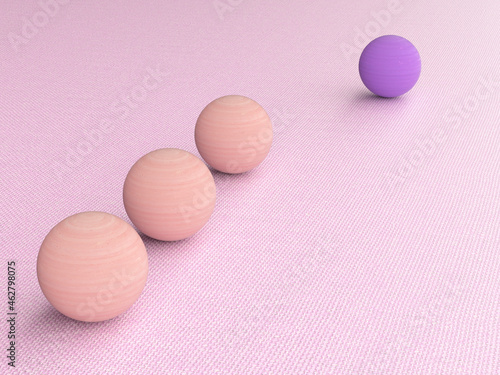 3D rendering, Purple wood ball follwed by three pink ones