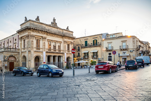Sicily, Noto, Teatro Comunale Tina Di Lorenzo in the evening