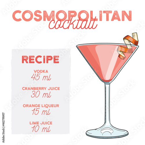 Hand Drawn Colorful Cosmopolitan Summer Cocktail. Drink with Ingredients