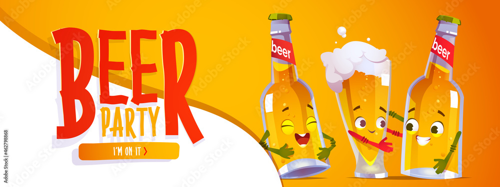 Beer party banner with cute characters of bottles and glass. Invites for alcohol party in pub or bar. Vector poster with cartoon illustration of happy lager pint and mug of beer personages - obrazy, fototapety, plakaty 