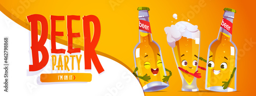 Beer party banner with cute characters of bottles and glass. Invites for alcohol party in pub or bar. Vector poster with cartoon illustration of happy lager pint and mug of beer personages