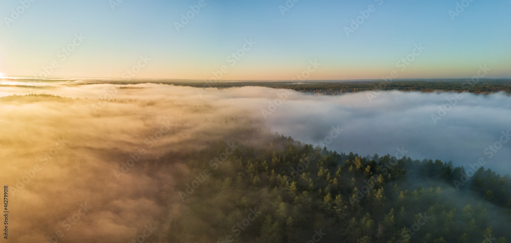Aerial view of morning fog over the fields at Autumn