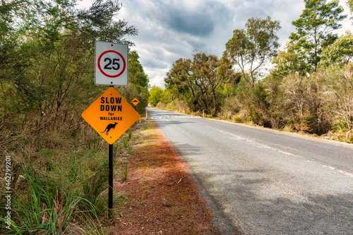 Wallaby crossing sign road against sky, Victoria, Australia photo