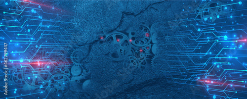  banner of old technology and new using computer circuits and old machine cogs
