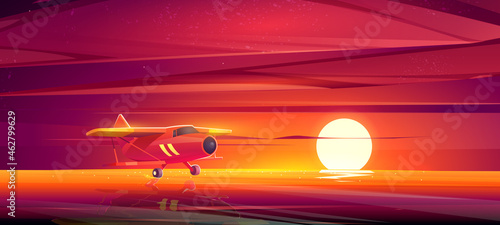 Small airplane at sunset ocean landscape, crop duster plane flying low over sea surface in red dusk sky. Private aircraft, civil aviation cropduster machine with propeller, Cartoon vector illustration
