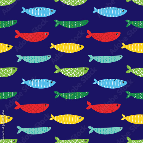 Cute colorful decorated fishes vector seamless pattern background for sea life and food design.
