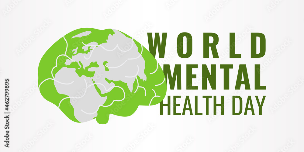 World Mental Health Day vector illustration background. October awareness moment. Charity and wellness program with world map and brain.