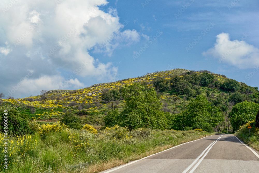 Greece, Oichalia, Empty countryside highway in spring Greece, Oichalia, Empty countryside highway in spring