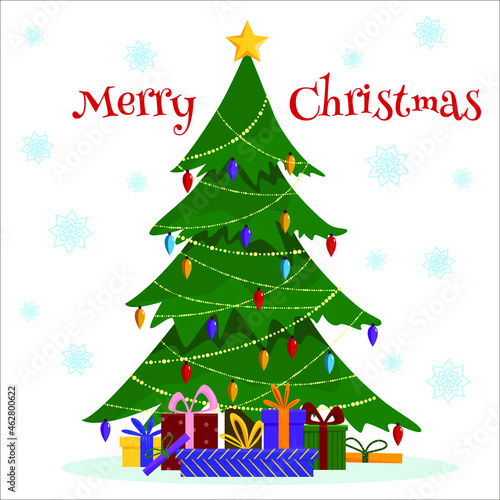Christmas tree with gift box and garlands. Marry Christmas card. Vector illustration