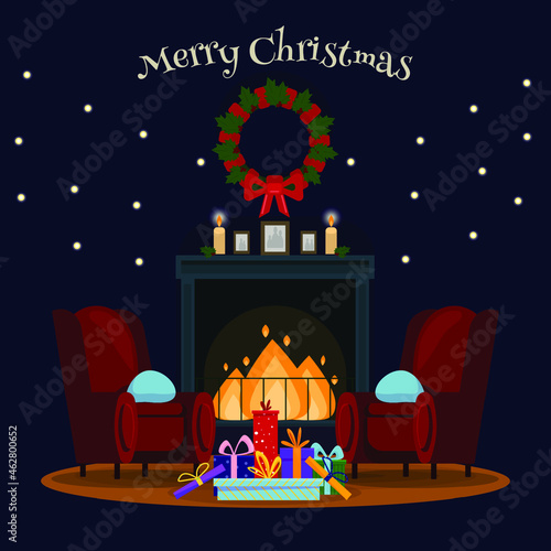 Decorated Christmas room interior with armchair by the fireplace and  gifts and garlands. Flat vector illustration