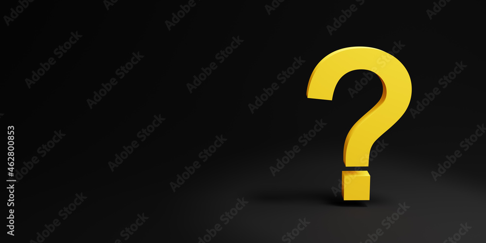 Question mark in yellow color and 3D Rendering on black background. Question mark in yellow color and 3D Rendering on black background.
