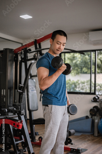 Training gym concept a young adult using his muscular strong arm lifting a dumbbell upward and downward in the gym © Pichsakul