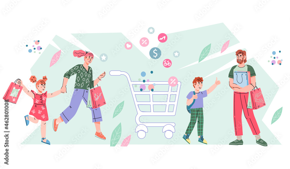 Happy family shopping. Father, mother and children with packages and purchases at decorative backdrop, flat cartoon vector illustration isolated on white background.