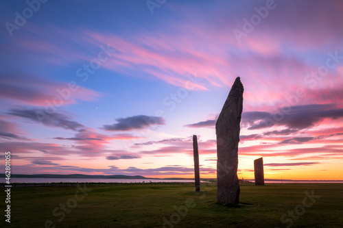 UK, Scotland, Mainland, Clouds over Standing Stones of Stenness at moody sunset photo