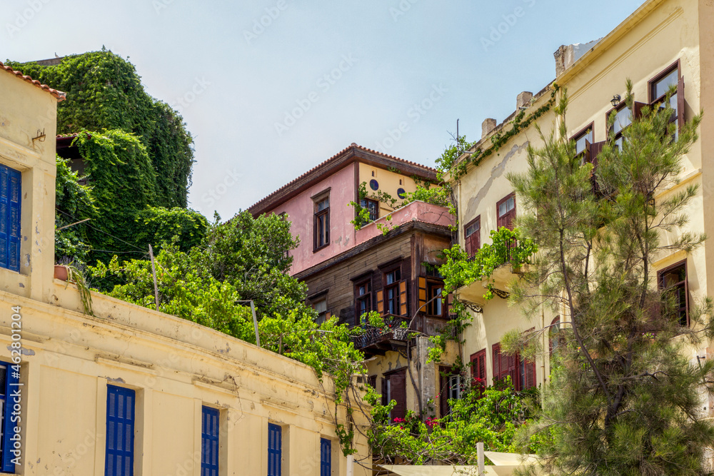 Greece, Crete, Chania, Low angle view of old town houses Greece, Crete, Chania, Low angle view of old town houses