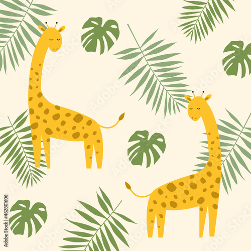 giraffes and palm leaves savannah