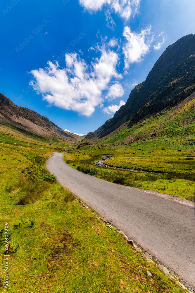 UK, England, Empty highway of Honister Pass in summer UK, England, Empty highway of Honister Pass in summer