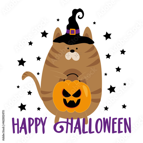 Happy Halloween - cute cat in witch hat with scary pumpkin face bag. Good for greeting crad, t shirt print, poster, label and party decoration for Halloween.