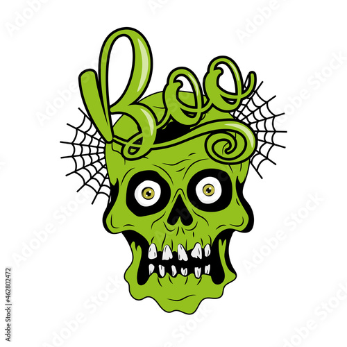 Boo - zombe skull head, and spider web. Good for T shirt print, poster, card, invitation, party decor for Halloween.