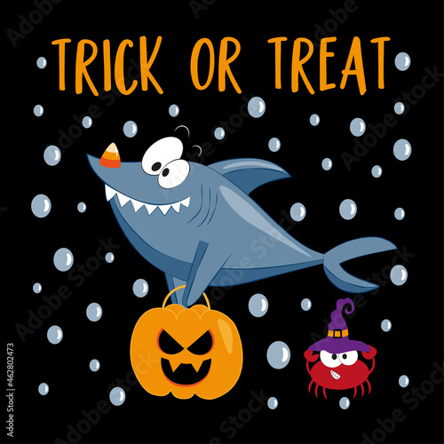 Trick or treat - funny cartoon shark with pumpkin bag , and candy corn. Cute crab in witch hat. Isloated on black backgound.